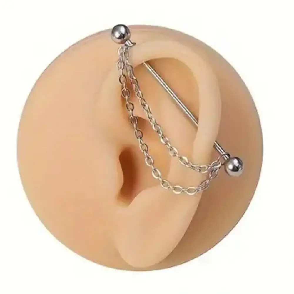 14g 38mm stainless steel single industrial ear piercing barbell with chains